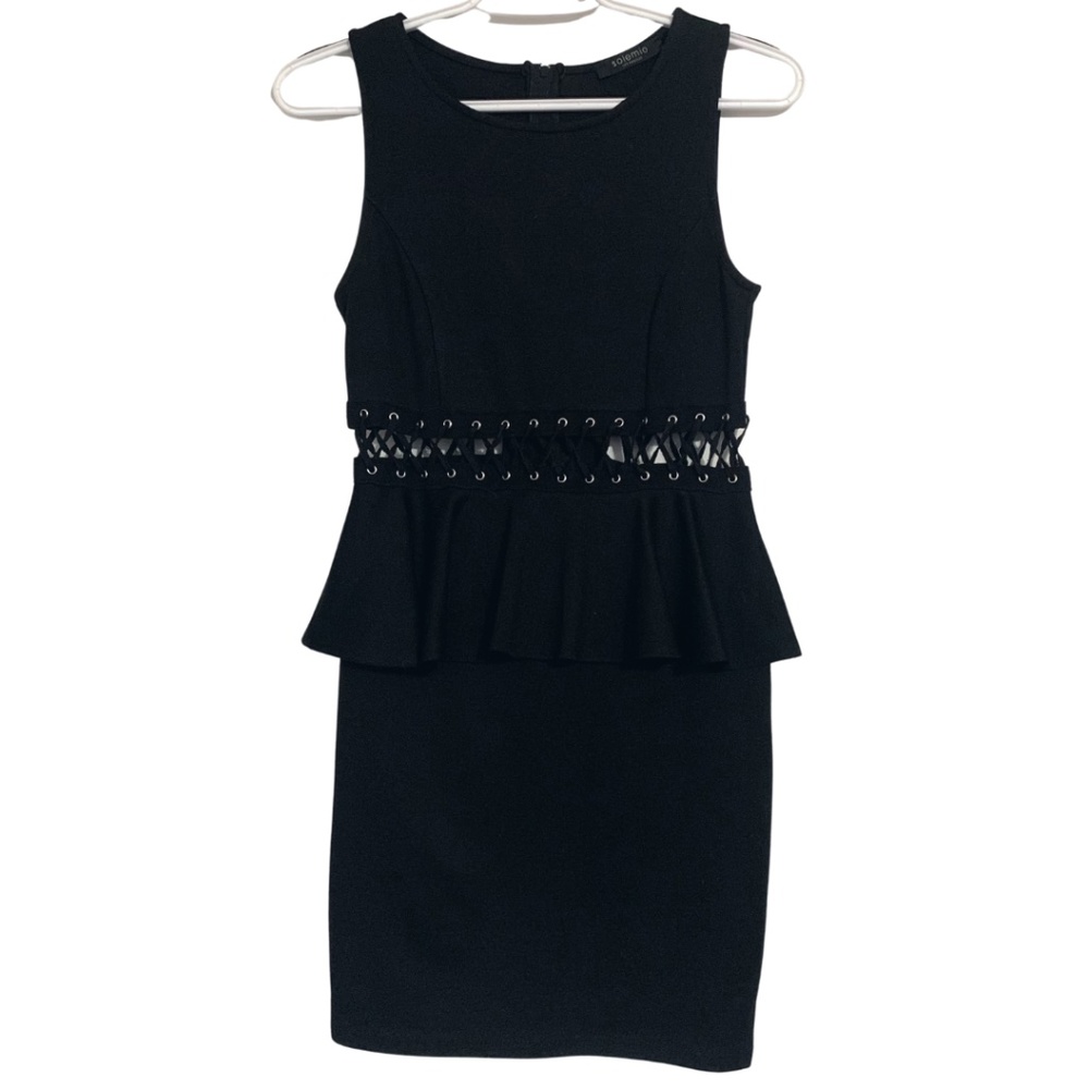 Solemio | Black Peplum Mini Bodycon Dress with Lace up Cut Out